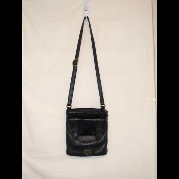 Vintage FOSSIL Black Leather CARSON Top Zip Crossbody Purse Bag - Picture 2 of 8
